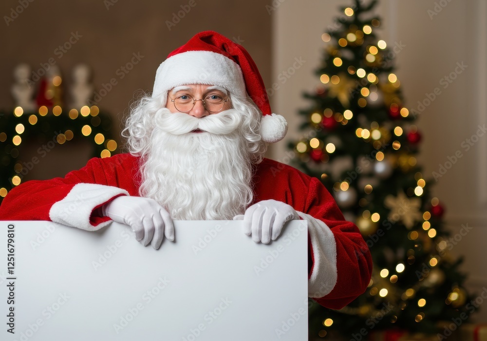 Naklejka premium A cheerful Santa Claus wearing his iconic red suit and hat holding a blank white sign with both hands