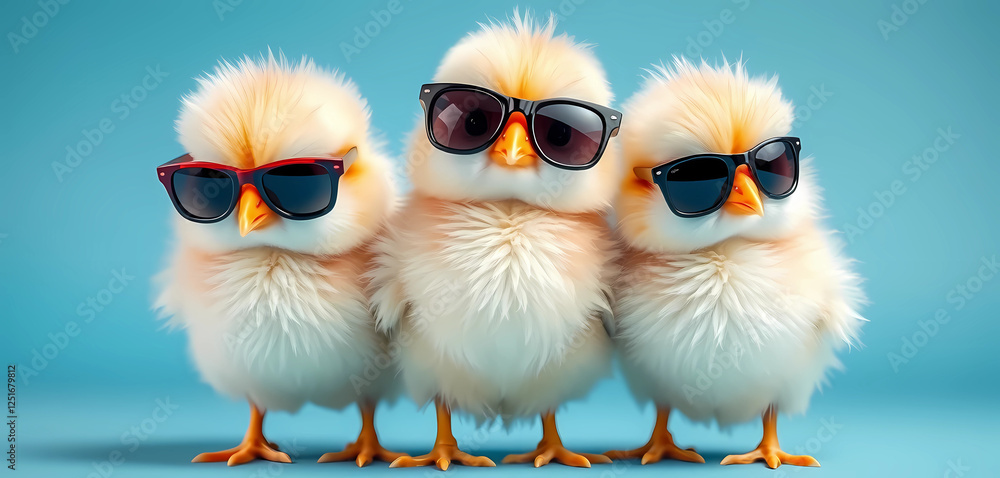 Fototapeta premium Three Cool Chicks in Sunglasses. Cute Cartoon Characters with Style