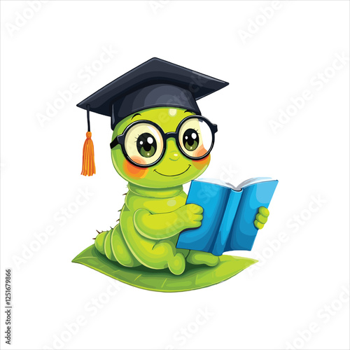 A worm reading a book on leaf wearing graduation cap and glasses