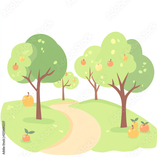 A serene digital illustration of a lush orchard with green trees, colorful fruits, and a winding pathway. Ideal for promoting nature, gardening, and outdoor activities.