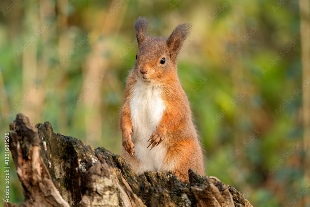 Red squirrel on top of a dead tree showing its tummy Red squirrel on top of a dead tree showing its tummy