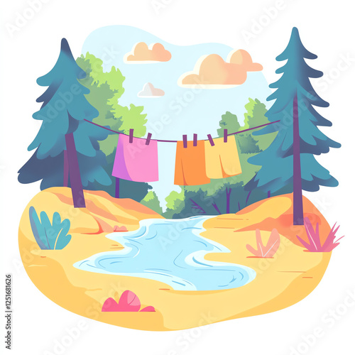 A serene landscape featuring a gently flowing stream surrounded by lush greenery and colorful laundry hanging on a line, evoking a peaceful and vibrant outdoor atmosphere. photo