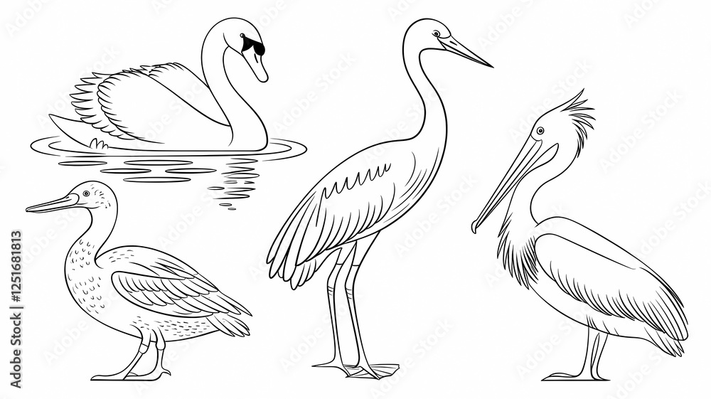 Obraz premium Hand-Drawn Bird Illustrations. Elegant Swan, Heron, Duck, and Pelican Designs