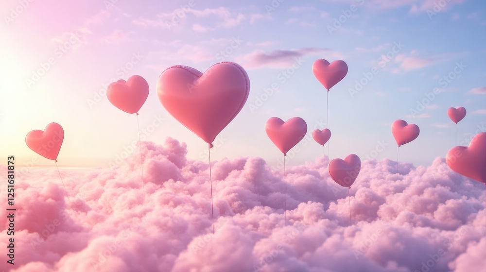 Heart Balloons Above the Clouds: A whimsical scene of numerous heart-shaped balloons floating amidst fluffy pink clouds during a beautiful sunset, conveying a sense of love, dreams, and romanticism. Heart Balloons Above the Clouds: A whimsical scene of numerous heart-shaped balloons floating amidst fluffy pink clouds during a beautiful sunset, conveying a sense of love, dreams, and romanticism.