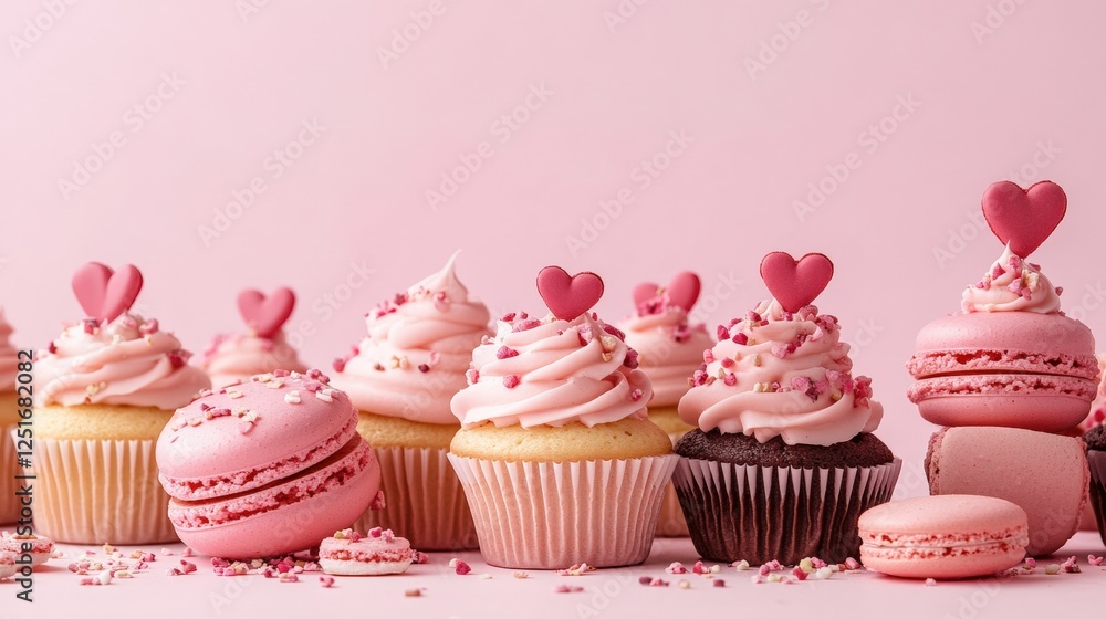 Sweetheart Treats: A delightful assortment of pink cupcakes and macarons, adorned with delicate pink hearts, sits on a soft blush background, creating a visually appealing and romantic scene. Sweetheart Treats: A delightful assortment of pink cupcakes and macarons, adorned with delicate pink hearts, sits on a soft blush background, creating a visually appealing and romantic scene.
