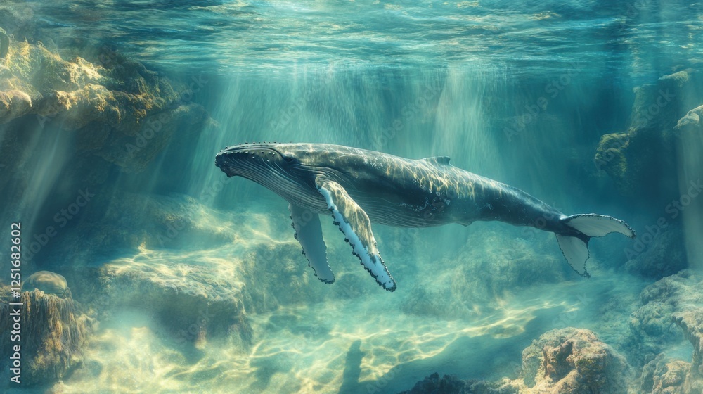 Fototapeta premium A breathtaking underwater view of a humpback whale swimming peacefully through the crystal-clear ocean, its enormous fins moving effortlessly with the currents