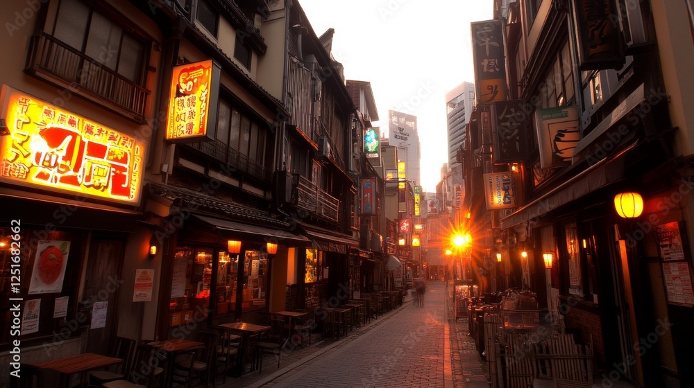 Evening Alleyway With Lit Signs And Tables In Front Of Eateries. Evening Alleyway With Lit Signs And Tables In Front Of Eateries.