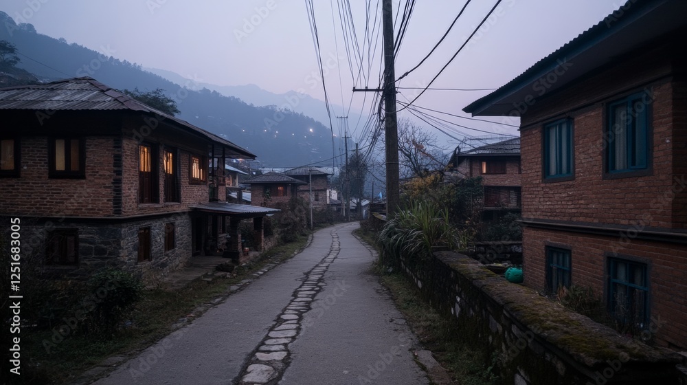 Evening Street View in Mountain Town with Glowing Windows and Stone Houses at Twilight Hour. Evening Street View in Mountain Town with Glowing Windows and Stone Houses at Twilight Hour.