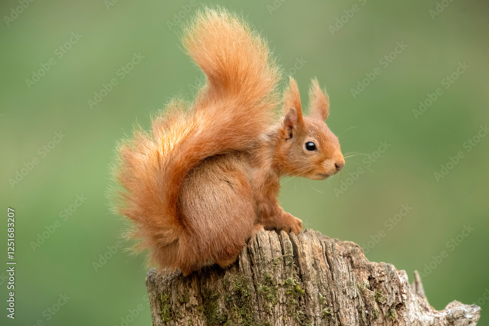 Cute, Red Squirrel standing on a tree stump Cute, Red Squirrel standing on a tree stump