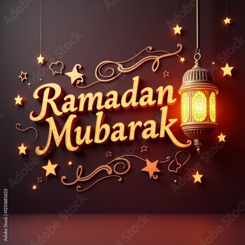 Elegant Embroidered Ramadan Mubarak and Ramadan Kareem Text with Warm Lantern for Ramadan Concept Poster, Banner and Template