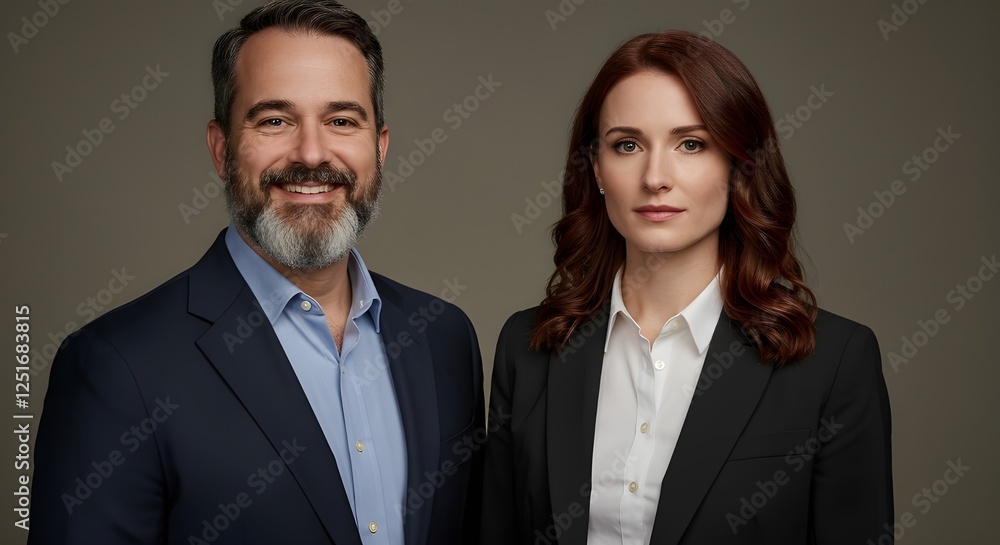 Portrait of a confident businesswoman and businessman, standing together in professional attire. The image showcases their strong leadership presence with a neutral background Portrait of a confident businesswoman and businessman, standing together in professional attire. The image showcases their strong leadership presence with a neutral background