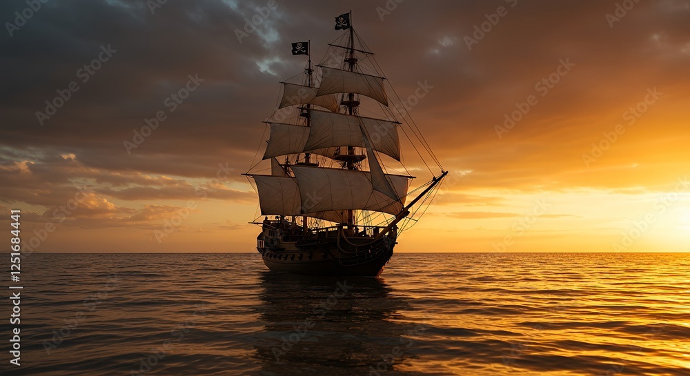 Obraz premium Sailing Pirate Ship on the Ocean at Sunset with Skull Flags
