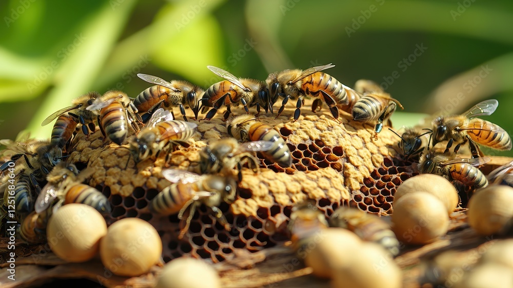 A close-up of bees on a honeycomb, showcasing their intricate work in a vibrant green environment. A close-up of bees on a honeycomb, showcasing their intricate work in a vibrant green environment.