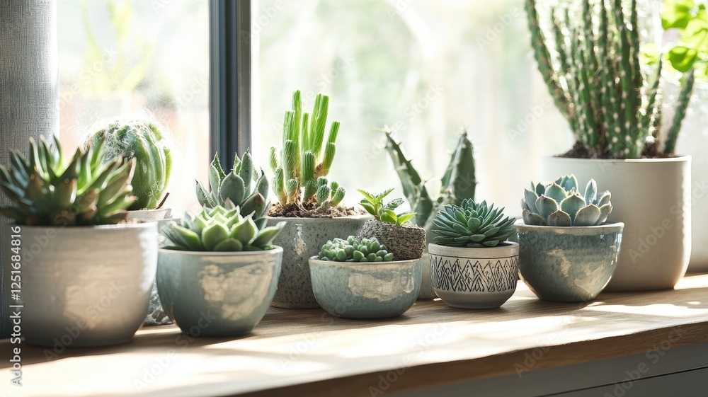 Various cacti and succulents in pots, arranged on windowsill, indoors with natural light Various cacti and succulents in pots, arranged on windowsill, indoors with natural light