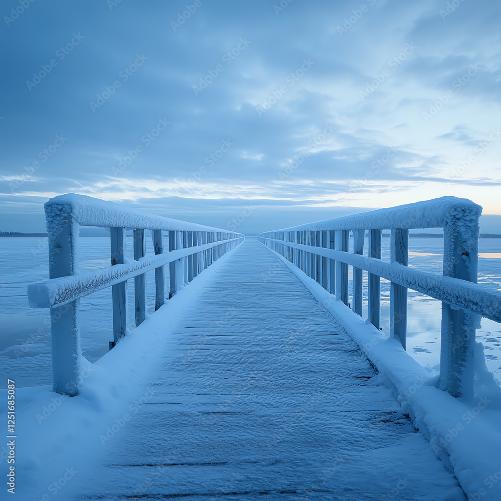 Fototapeta premium A serene winter scene showcasing a snow-covered pier extending into a tranquil body of water, under a cloudy blue sky. Perfect for evoking feelings of peace and solitude.