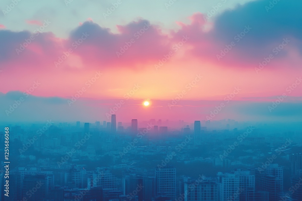 Fototapeta premium Cityscape bathed in pink and blue hues during sunrise