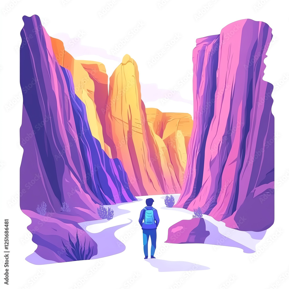 Fototapeta premium A stunning digital artwork depicting a traveler exploring a vibrant canyon with towering rock formations under a pastel sky. Nature's beauty invites adventure and exploration.