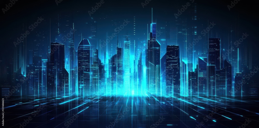 Futuristic digital city skyline glows with neon blue illumination