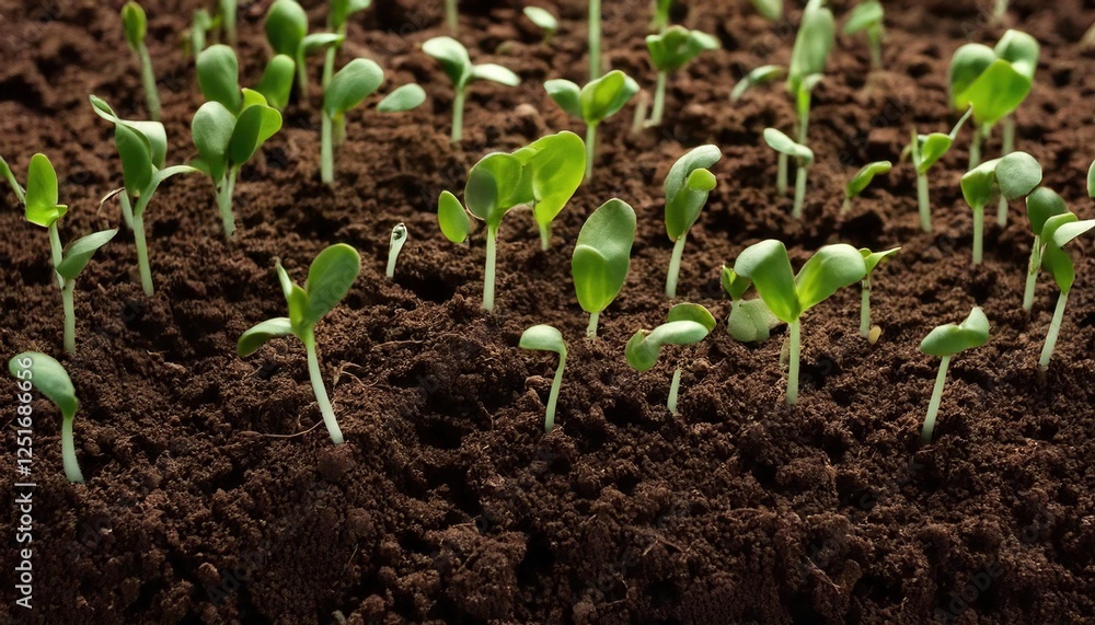 Seedlings growing in rich soil during daylight hours in a garden setting Seedlings growing in rich soil during daylight hours in a garden setting