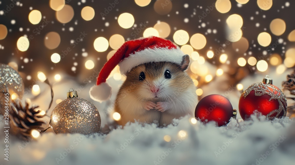 Hamster in Santa hat sitting in snowy winter holiday setting Hamster in Santa hat sitting in snowy winter holiday setting