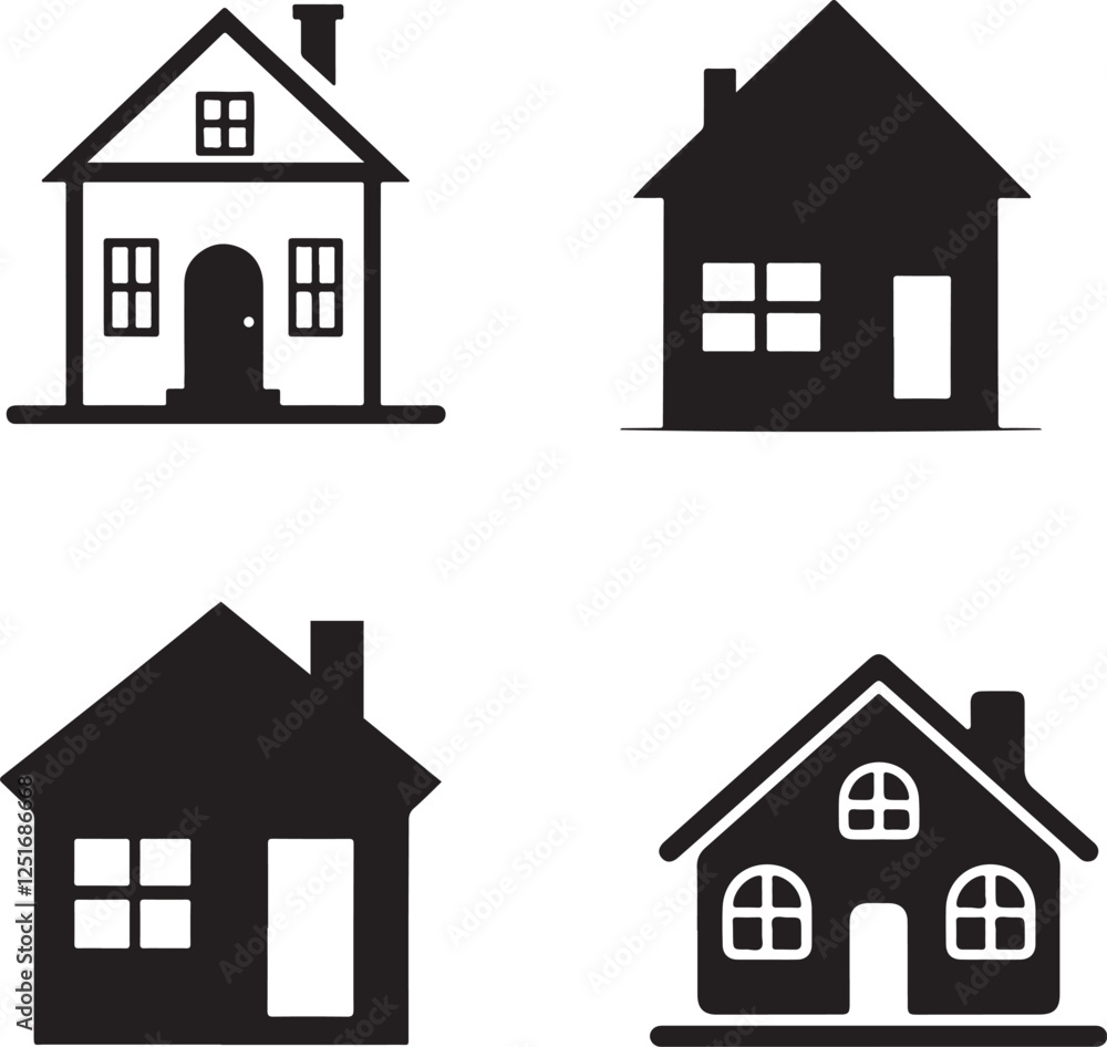 Fototapeta premium Four Simple Black Silhouette House Icons for Real Estate Design