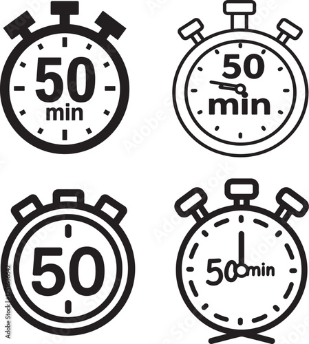 50 min Timer, clock, stopwatch isolated icons. Countdown timer symbol. Label cooking time. Minute timer, Time measure, Chronometer, Alarm, Kitchen