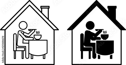 Eating House Icons. Black And White Vector Art. Man In Establishment Eating Hot Soup. Building, Table And Chair. Fast Food Establishment, Cafe. Restaurant Concept
