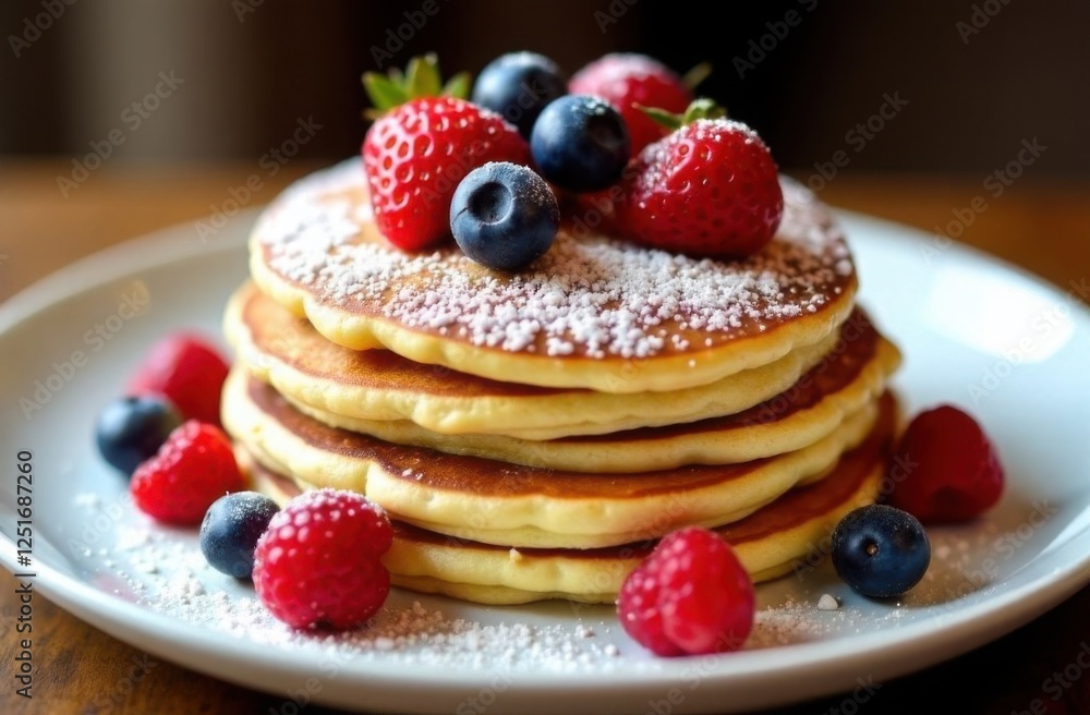 Delicious pancakes with berries on plate on the table for breakfast Delicious pancakes with berries on plate on the table for breakfast