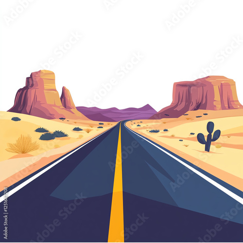 A stunning illustration of an endless road leading through a picturesque desert landscape, surrounded by unique rock formations and cacti, perfect for travel or adventure themes. photo