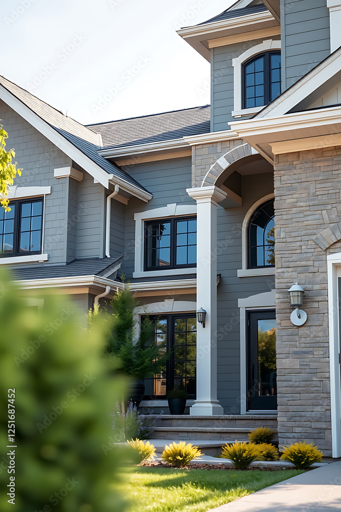 Obraz premium Luxury Home Exterior: Modern Gray House with Stone Accents and Elegant Landscaping