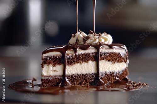 A cinematic frame of a piece of cake being drizzled with warm chocolate ganache, the glossy stream flowing smoothly over the edges photo