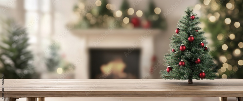 Small Christmas Tree on Wooden Table in Front of Fireplace. Small Christmas Tree on Wooden Table in Front of Fireplace.