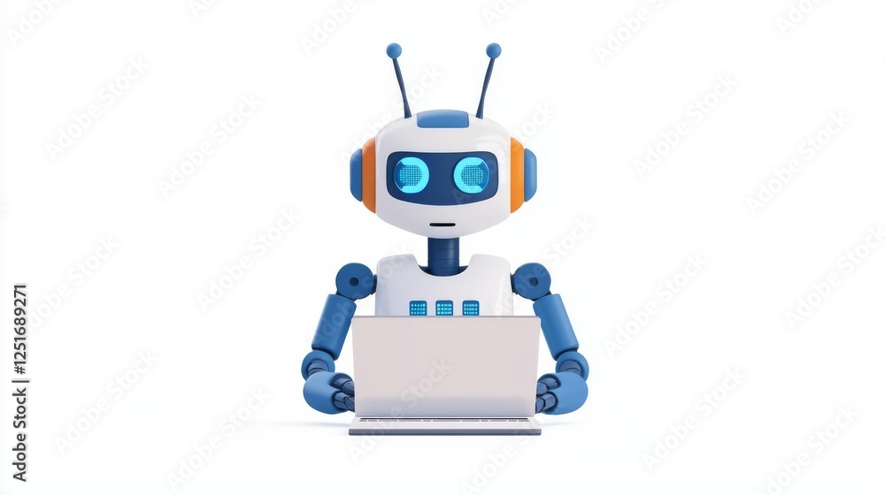 Cute robot character working on a laptop, showcasing modern technology in design. Cute robot character working on a laptop, showcasing modern technology in design.