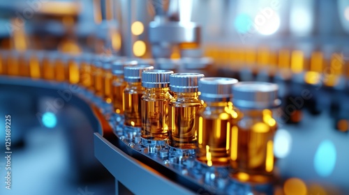 Production Line for Glass Bottles in Modern Factory with Orange Glow and Machinery