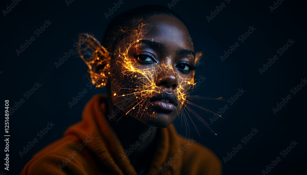 Obraz premium Woman with Sparkling Light Pattern on Face Creates Fantasy Image