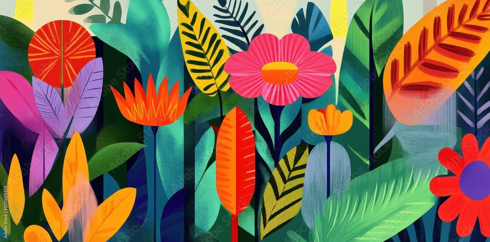 Colorful foliage and flowers create a stylized jungle illustration Colorful foliage and flowers create a stylized jungle illustration