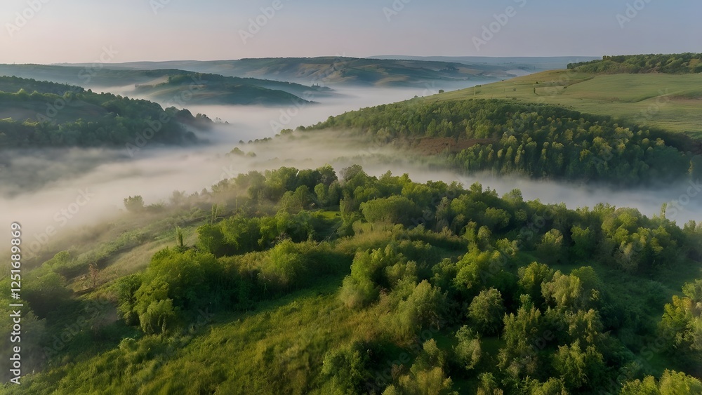 Obraz premium Very beautiful landscape with fog and green nature in the Republic of Moldova Rural nature in Eastern Europe
