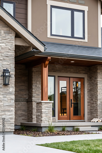Modern Luxury Home Exterior: Stone and Wood Architectural Design.  Stunning entrance with contemporary style and landscaping.