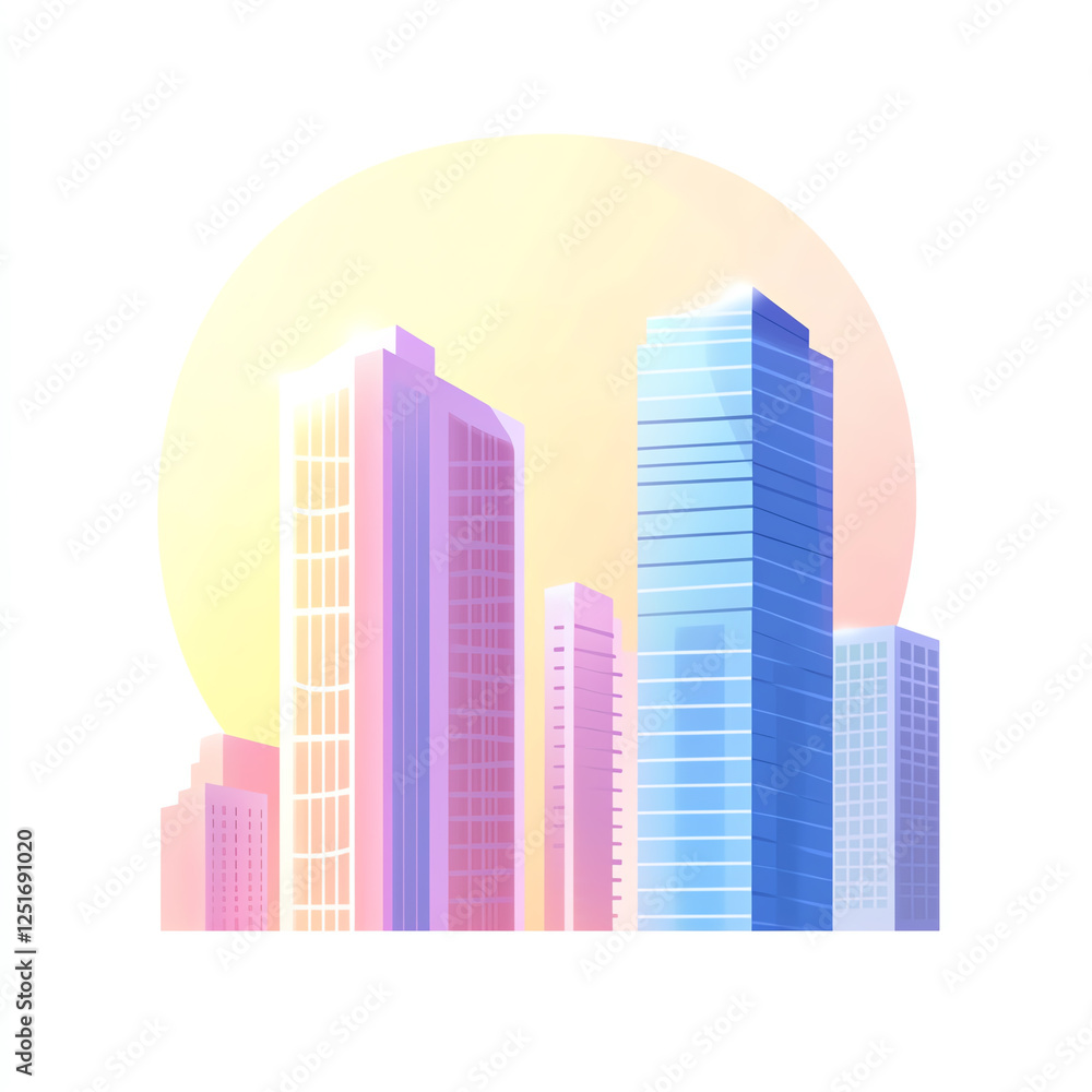 A vibrant and colorful skyline illustration featuring tall skyscrapers against a warm, glowing sunset A vibrant and colorful skyline illustration featuring tall skyscrapers against a warm, glowing sunset