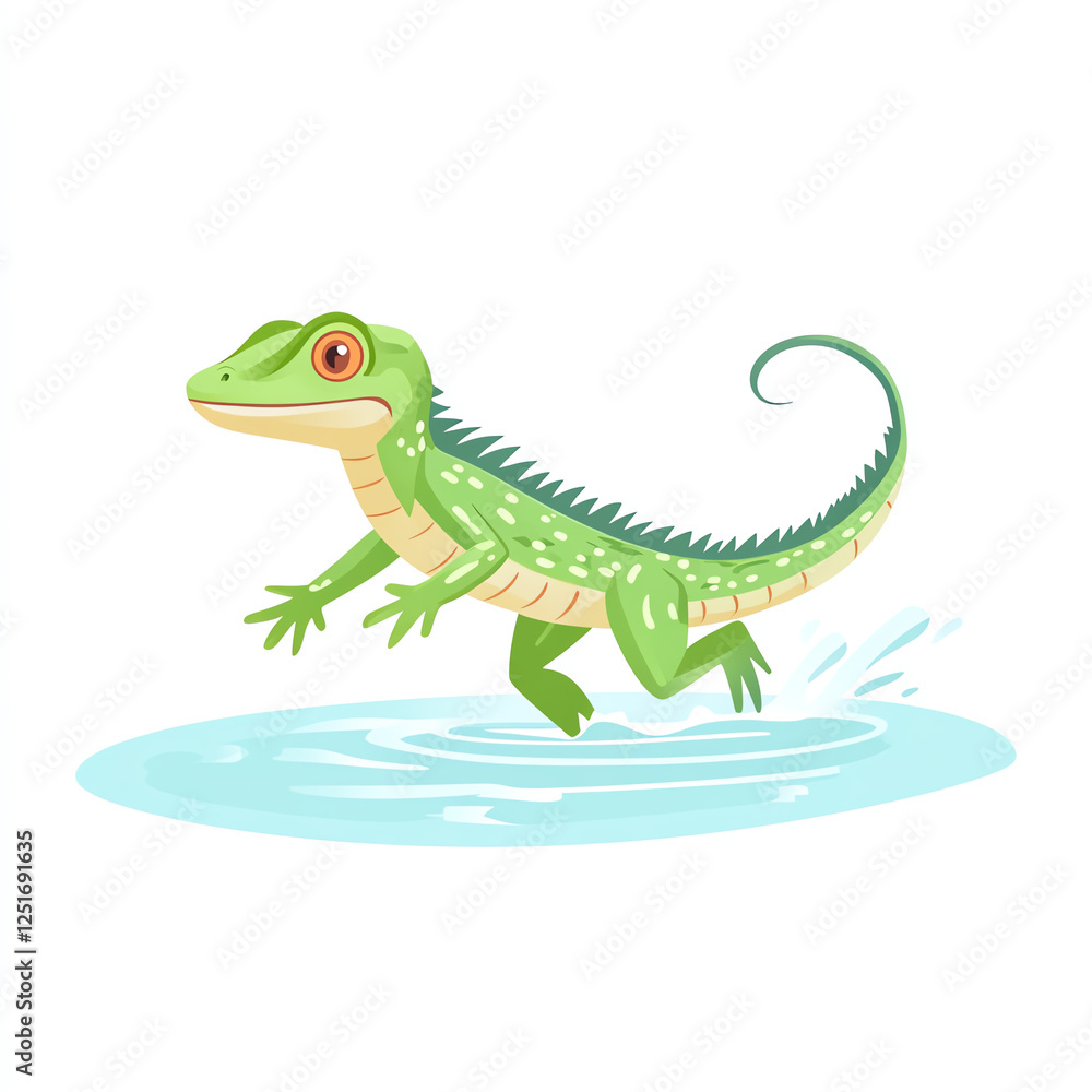 Fototapeta premium A vibrant cartoon-style illustration of a green lizard playfully running across the surface of a glistening pond, capturing the essence of nature and wildlife in a fun, animated ma
