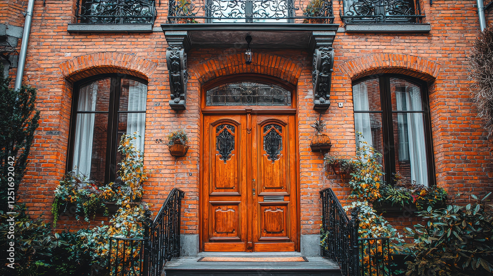 Fototapeta premium Charming European townhouse features vintage brickwork and ornate iron balcony overlooking lush greenery during soft natural lighting