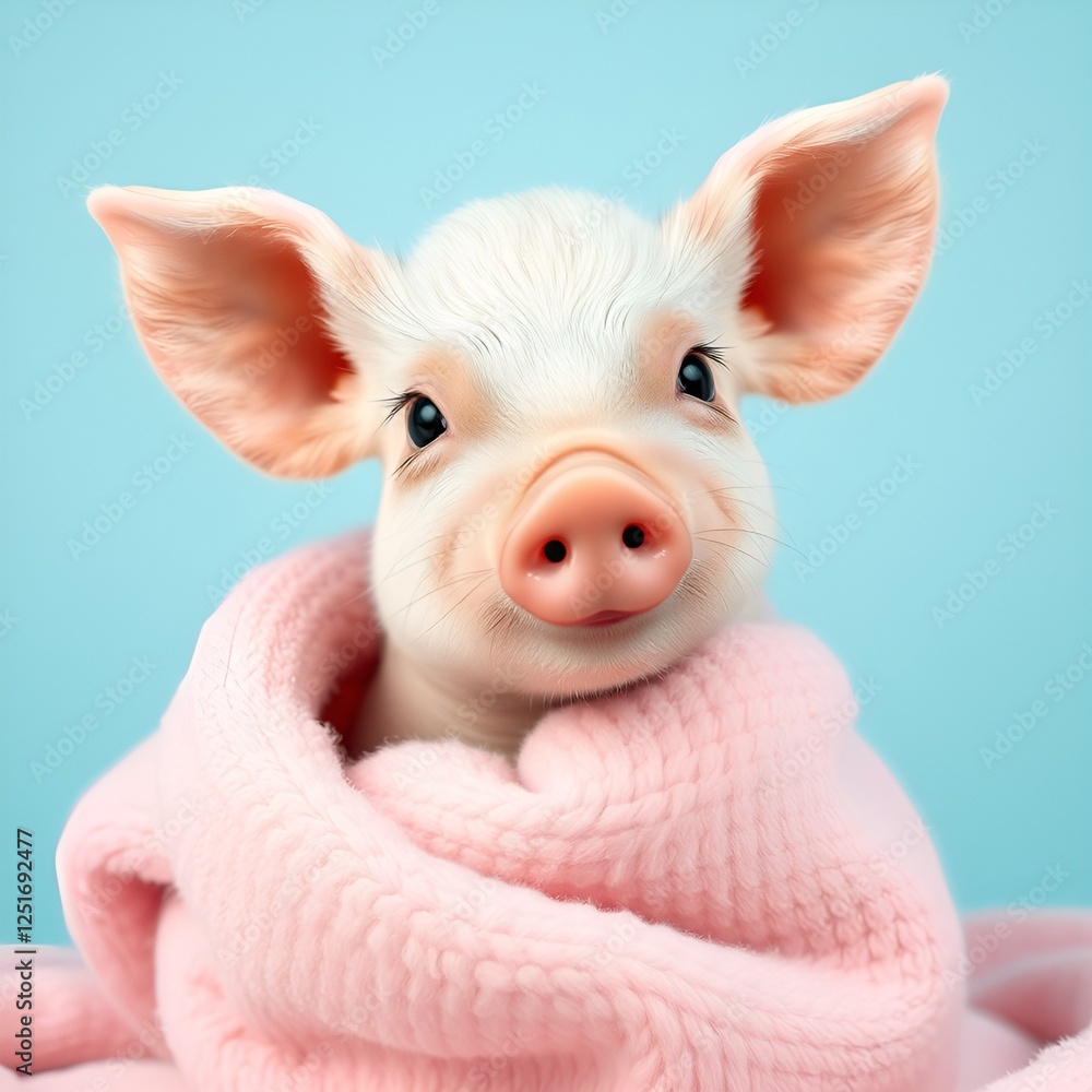 Fototapeta premium Cute little pig wrapped in a pink blanket