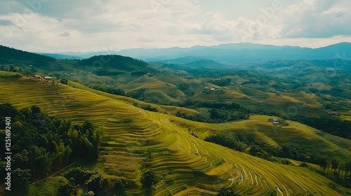 Lush green hills under cloudy sky, expansive rolling landscape with vibrant foliage, ideal for nature themes and relaxation.