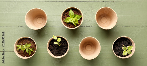 Peat pots with seedlings on green wooden background
