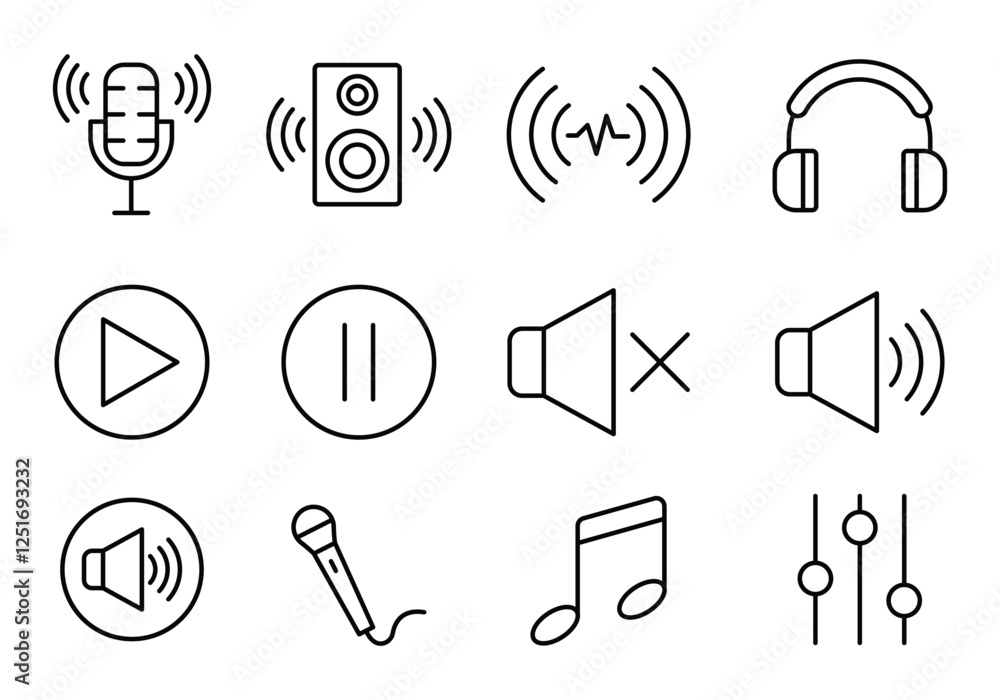 Fototapeta premium Audio button thin line icon set. Musical instrument symbol, linear sound and volume icon set. loudspeaker, mute, microphone, headset. sound, speaker volume, play, video, pause, equalizer,