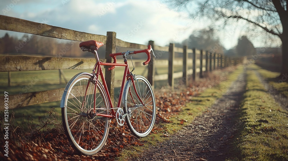 Fototapeta premium Red bicycle rests by rustic fence on rural path, autumn leaves for lifestyle advert