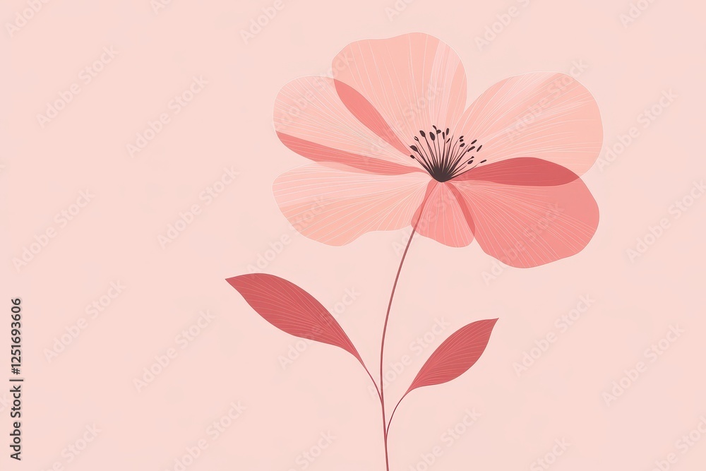 Naklejka premium Semi transparent flower with stem and leaves on pink background