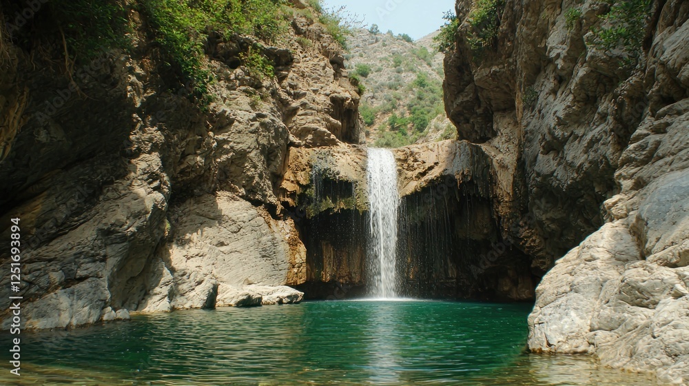 Naklejka premium Mountain waterfall in a tranquil canyon