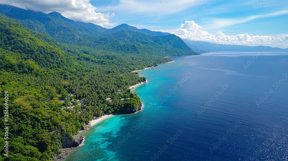Obraz premium Aerial view of pristine tropical coastline with lush green mountains coastal landscape serene seaside environment