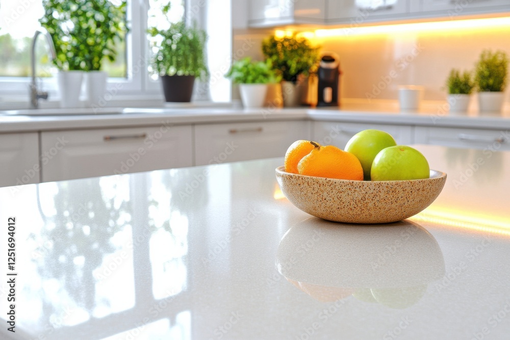 Bright and Clean Kitchen Island Featuring a Single Bowl of Fresh Fruit on a Polished Countertop, Elegant Under Cabinet Lighting, and a Tidy Surrounding Atmosphere Bright and Clean Kitchen Island Featuring a Single Bowl of Fresh Fruit on a Polished Countertop, Elegant Under Cabinet Lighting, and a Tidy Surrounding Atmosphere